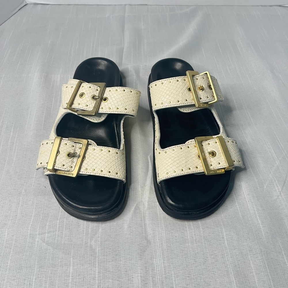 AllSaints White Slide Sandals with Gold Buckles.Size 5
